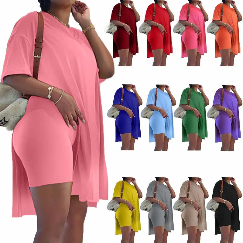 Womens 2 Piece Lounge SetsT-Shirts Topsas Biker Shorts Set Workout Reversible T racksuit S-3XL Womenswear Minimalist Shortsleeve Summer Two-Piece Set 2026 Casual Oversized Shirts Biker Shorts Matching Airport Travel Outfit Split Hem Lounge