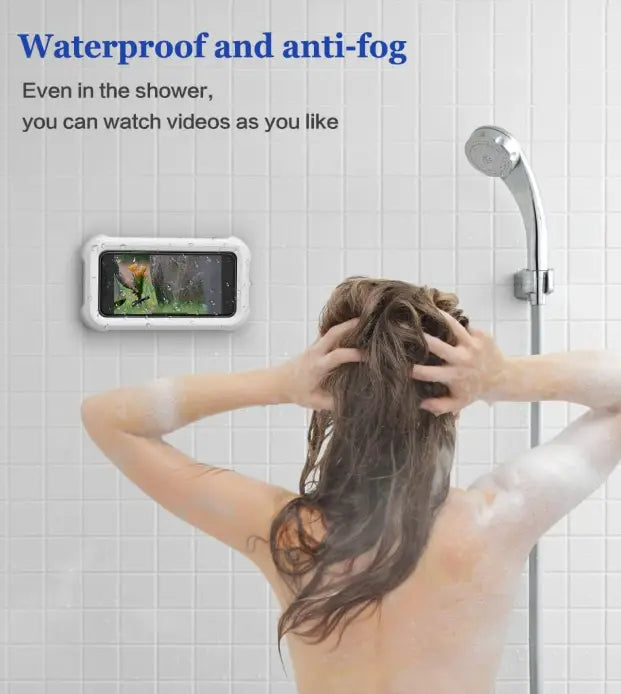 Waterproof Phone Holder for Shower & Bathroom - Upgraded 360° Smooth Rotating, Anti-Fog Protective Case, Full HD Sensitive Touchscreen, Strong Adhesive Tool-Free Wall Mount, Fits''4-7'' iPhones/Samsueng Adjustable Smartphon