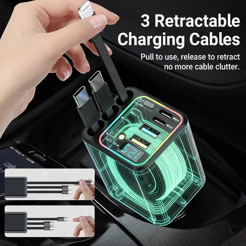 Ultimate Power Station for Phone, Pad & Laptop,Car Charger: Starry LED,1-Click Galaxy Projector,Tangle-Free Retractable Cables & Super Fast Charge,PD20W,USB-A 65W,All 120W Max,Power Hub,