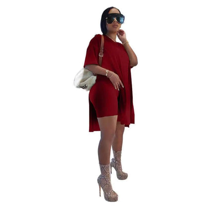 Womens 2 Piece Lounge SetsT-Shirts Topsas Biker Shorts Set Workout Reversible T racksuit S-3XL Womenswear Minimalist Shortsleeve Summer Two-Piece Set 2026 Casual Oversized Shirts Biker Shorts Matching Airport Travel Outfit Split Hem Lounge